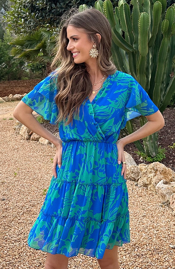 V-hals Ruffle Jurk Print Kobalt Groen – jurken, foto 8