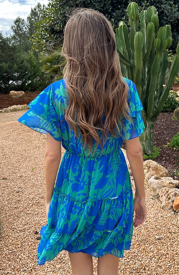 V-hals Ruffle Jurk Print Kobalt Groen – jurken, foto 6