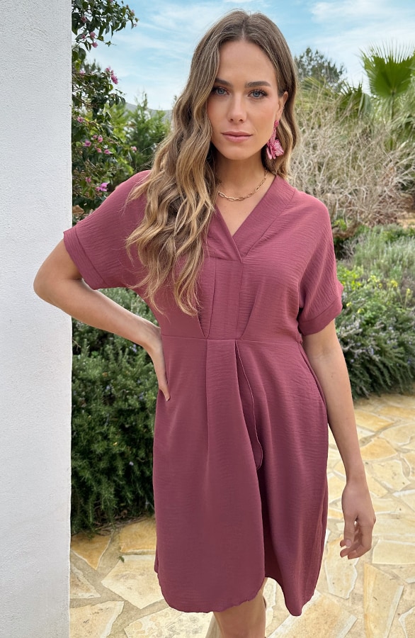 V-hals Short Sleeve Jurk Dust Roze – jurken, foto 5