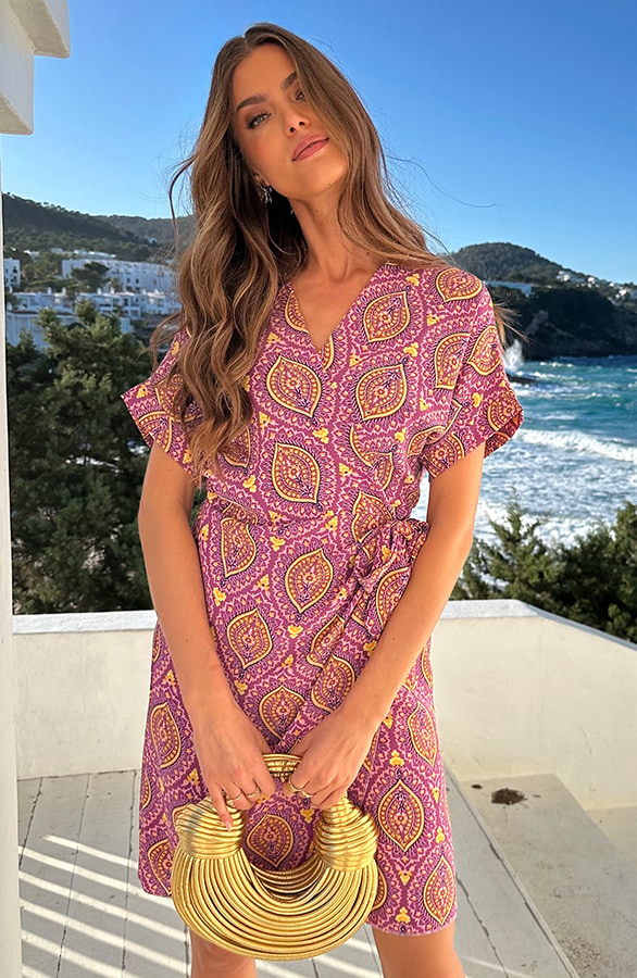Wrap Jurk Print Paars Geel – jurken, foto 7