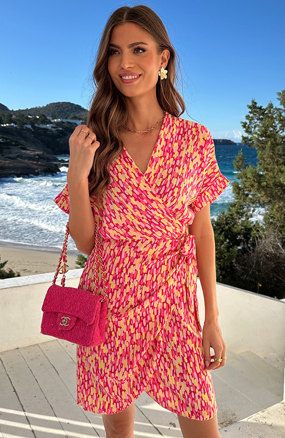 Wrap Jurk Print Roze Geel – jurken, foto 7