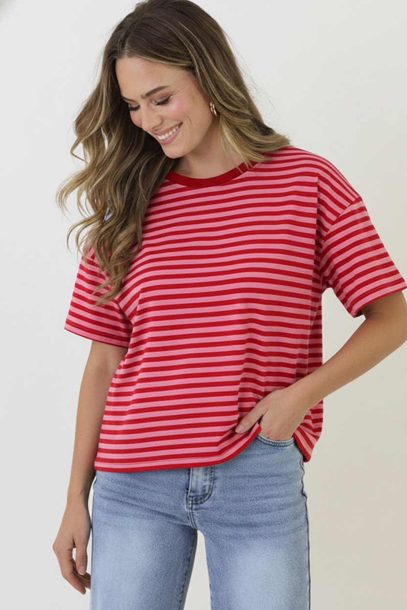 Strepen T-Shirt Katoen Fuchsia Roze – tops, foto 2