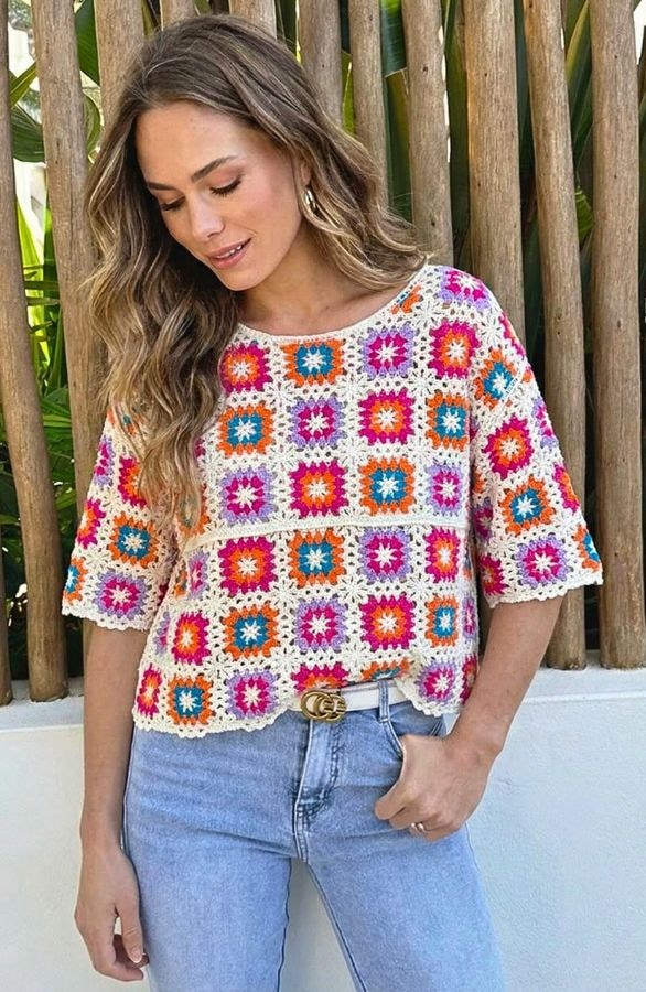 Crochet Gehaakte Top Korte Mouw Multicolor – tops