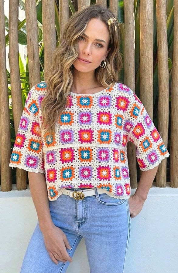 Crochet Gehaakte Top Korte Mouw Multicolor – tops, foto 2
