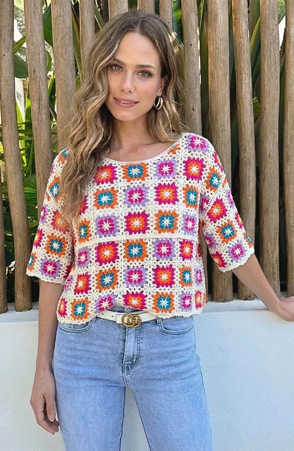 Crochet Gehaakte Top Korte Mouw Multicolor – tops, foto 5