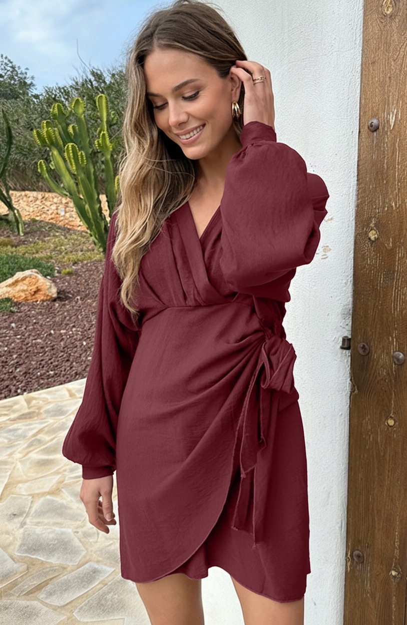 Elegant V-Hals Jurk Burgundy – jurken, foto 10