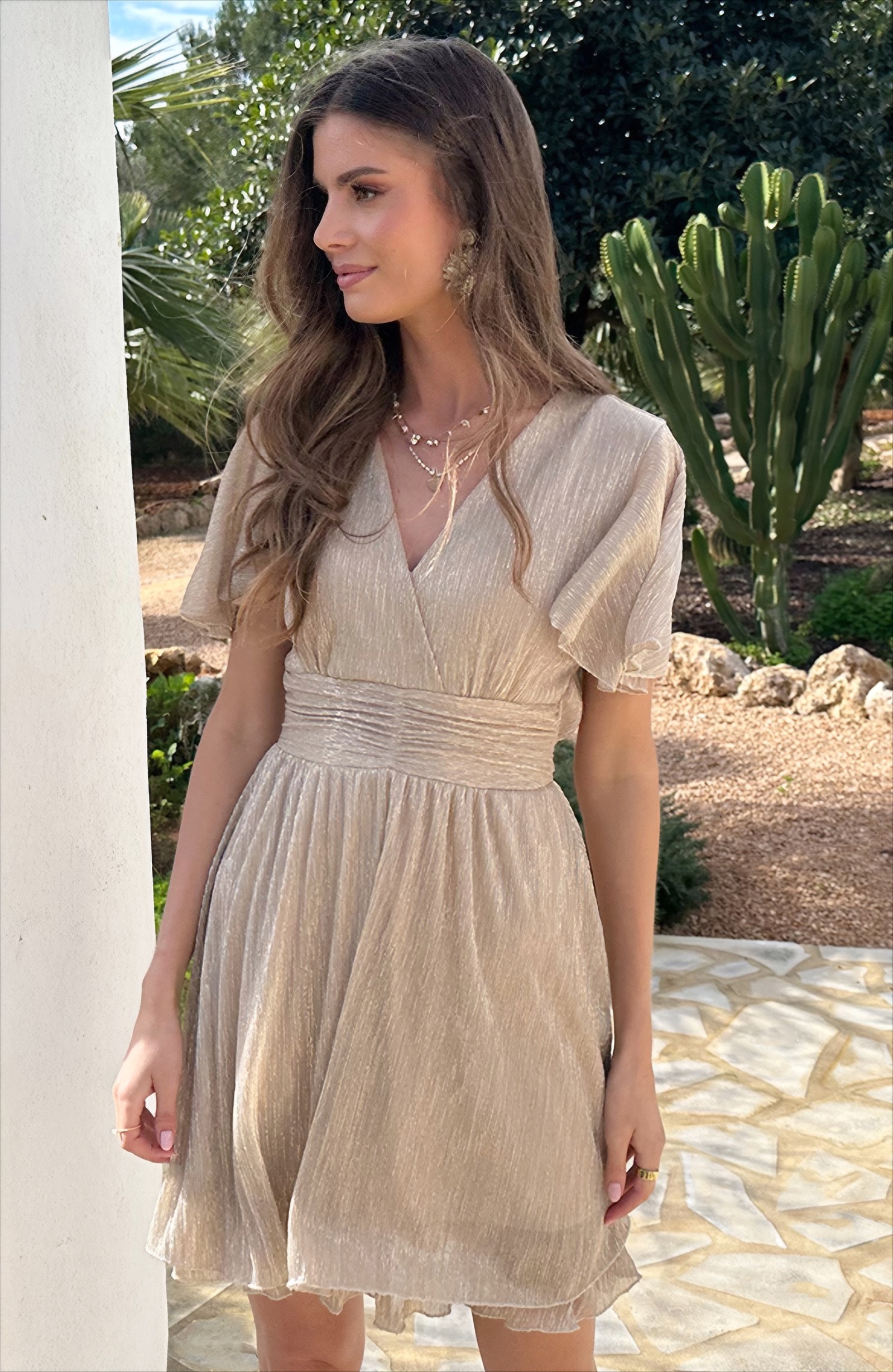 Lurex Waistband Dress Short Sleeve Gold – jurken, foto 8