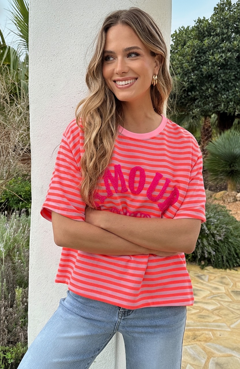 Oversized Amour Striped T-shirt Neon Oranje – tops, foto 4