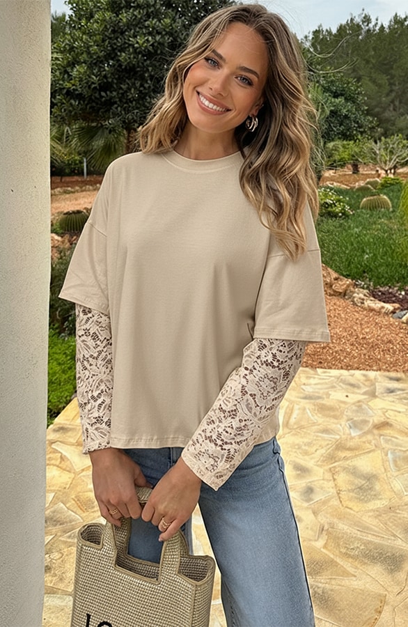 Oversized Lace Sleeve T-shirt Beige – tops, foto 4