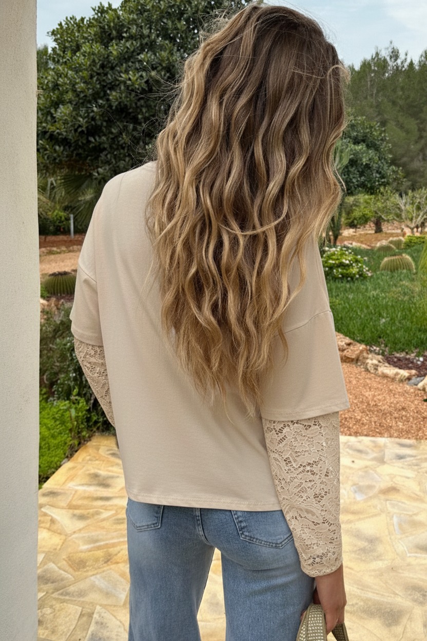 Oversized Lace Sleeve T-shirt Beige – tops, foto 3