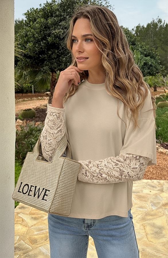 Oversized Lace Sleeve T-shirt Beige – tops
