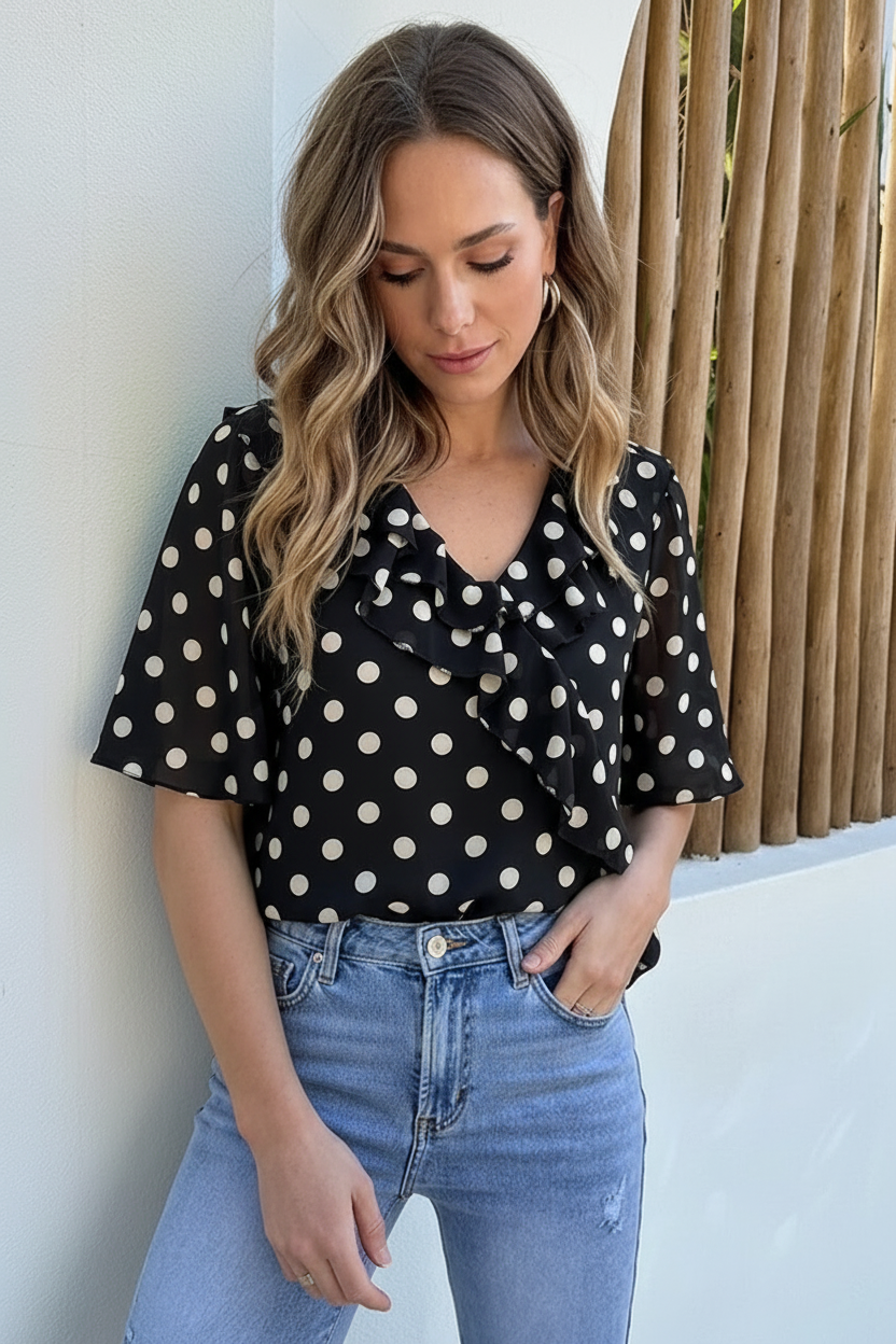 Ruffle Blouse Polkadots Zwart – blouses, foto 5