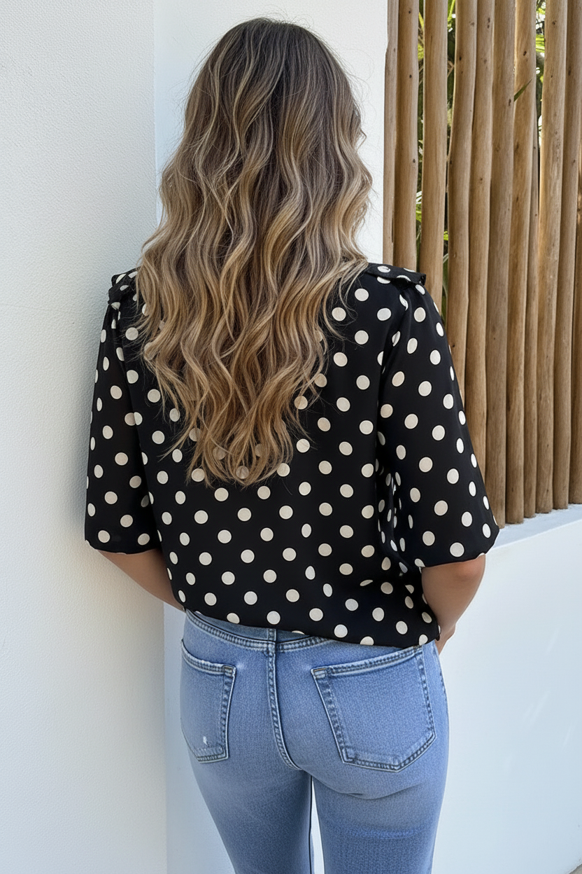 Ruffle Blouse Polkadots Zwart – blouses, foto 4