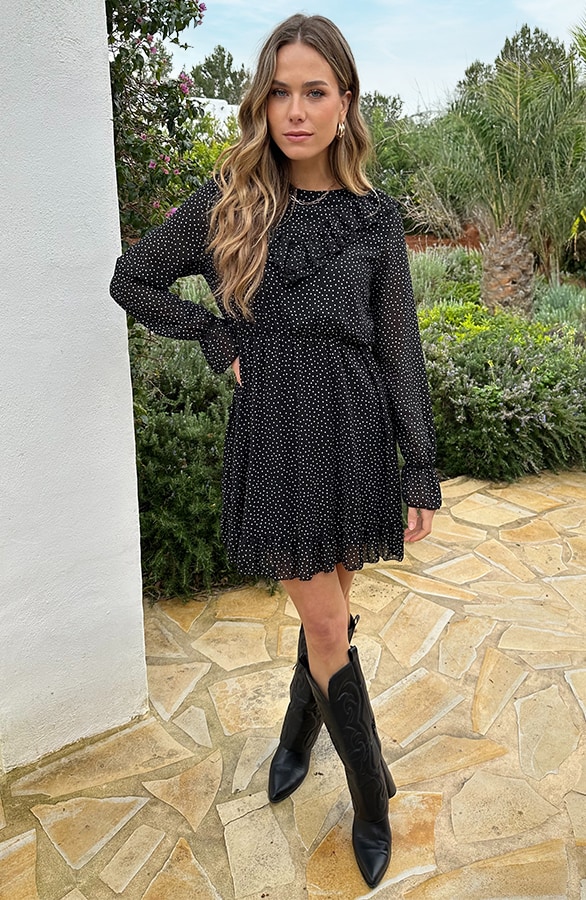 Ruffle Polkadot Print Jurk Zwart – jurken, foto 7