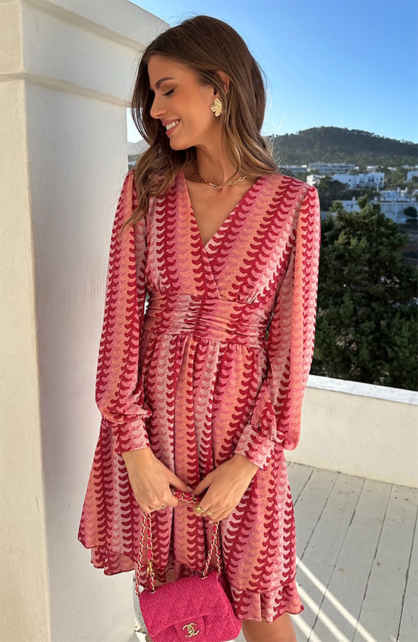Smocked Waistband Lurex Jurk Roze Rood – jurken, foto 4