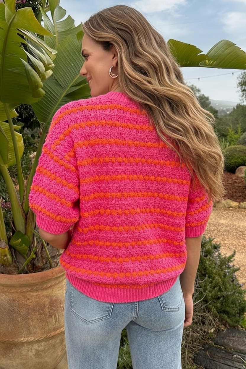 Knitted Striped Short Sleeve Top Oranje Fuchsia – tops, foto 3
