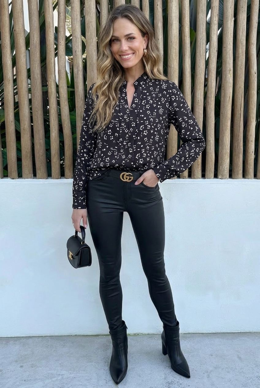 V-hals Bloemen Blouse Zwart Wit – blouses, foto 5