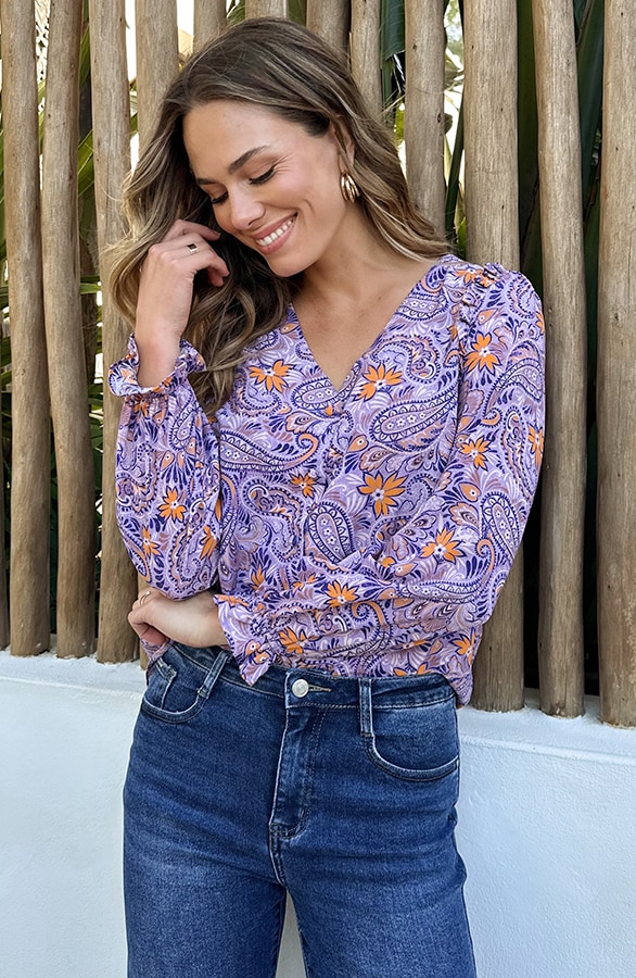 V-hals Knopen Blouse Paisley Lila – blouses, foto 6