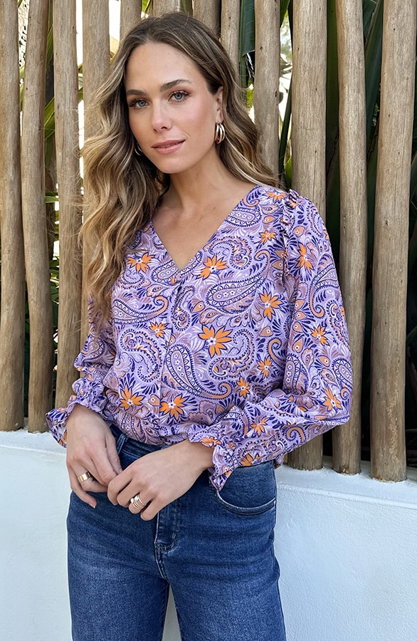 V-hals Knopen Blouse Paisley Lila – blouses, foto 5
