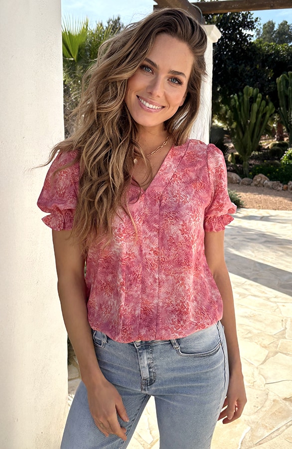 V-hals Pofmouw Top Print Roze – tops