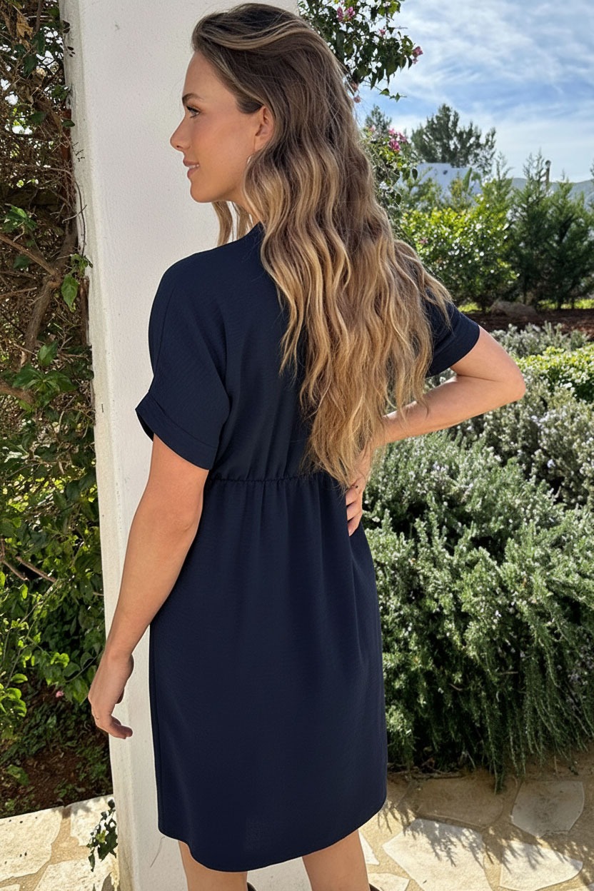 V-hals Short Sleeve Jurk Marine – jurken, foto 3