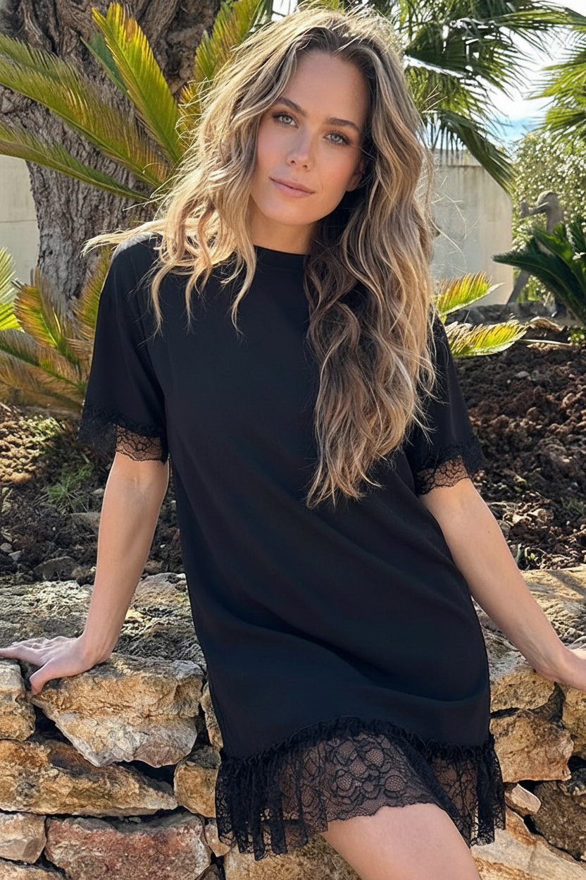 Lace T-Shirt Kleid Black, Kleider