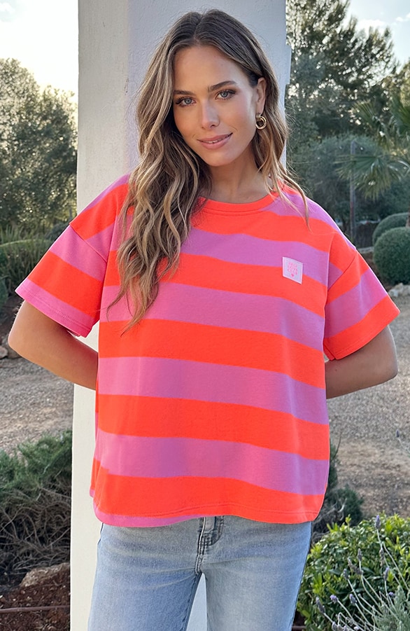 Casual Gestreept Shirt Dames Katoen Orange Roze – tops, foto 2