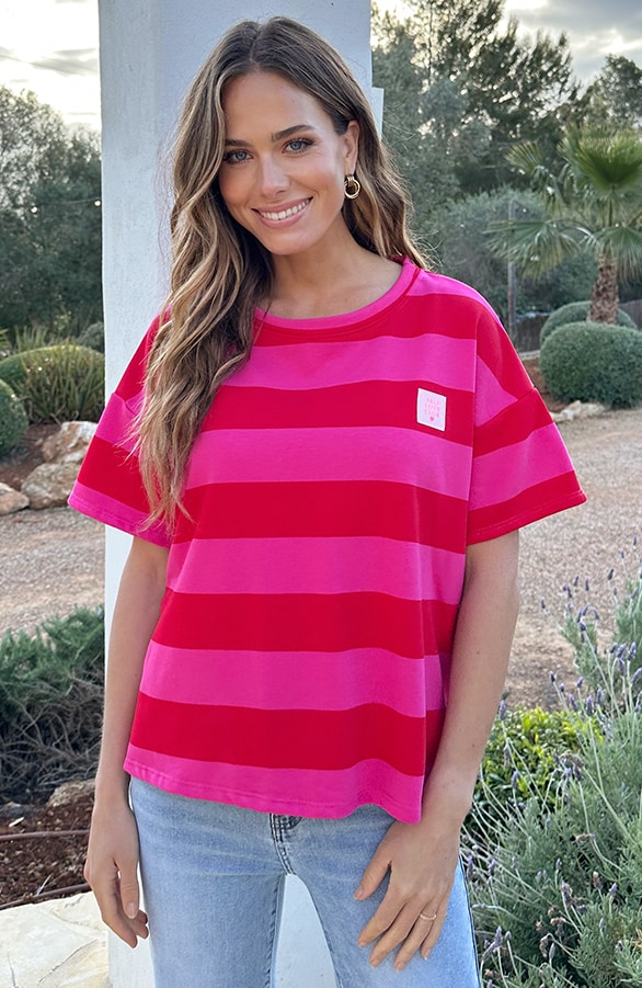 Casual Gestreept Shirt Dames Katoen Rood Roze – tops, foto 5