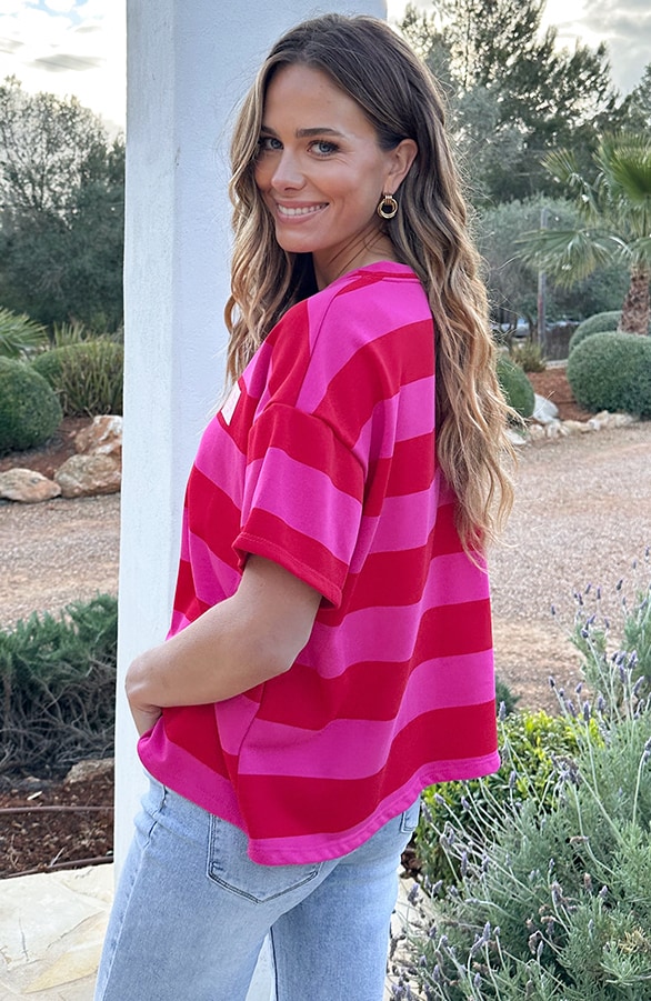 Casual Gestreept Shirt Dames Katoen Rood Roze – tops, foto 3
