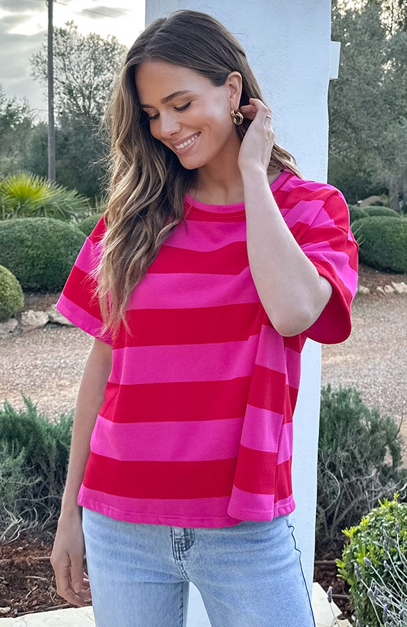 Casual Gestreept Shirt Dames Katoen Rood Roze – tops, foto 6