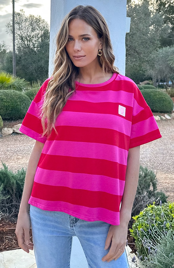 Casual Gestreept Shirt Dames Katoen Rood Roze – tops, foto 2