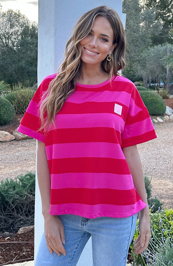 Casual Gestreept Shirt Dames Katoen Rood Roze – tops