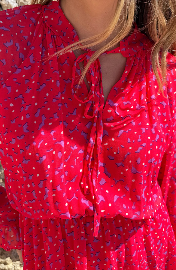 Chiffon Bloemenprint Jurk Rood – jurken, foto 5