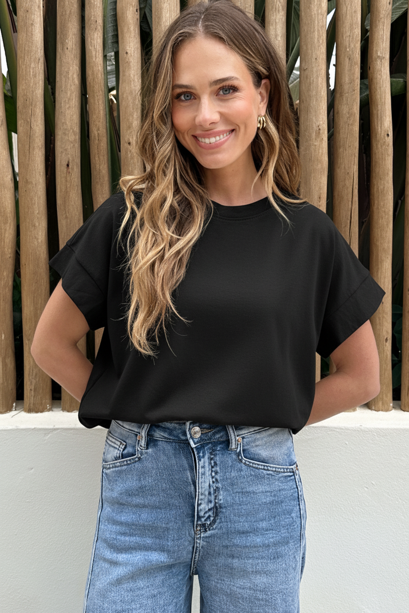 Dames Loose Fit T-Shirt Katoen Zwart – tops, foto 5
