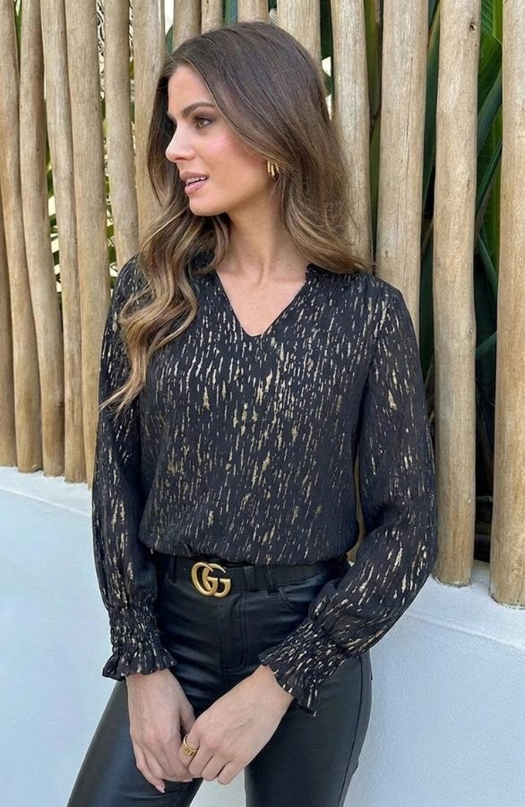 Deluxe V-hals Blouse Gold – blouses, foto 5