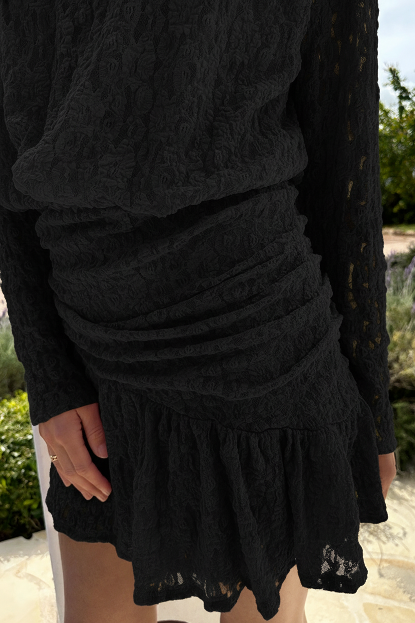 Draped Lace Ruffle Jurk Zwart – jurken, foto 4