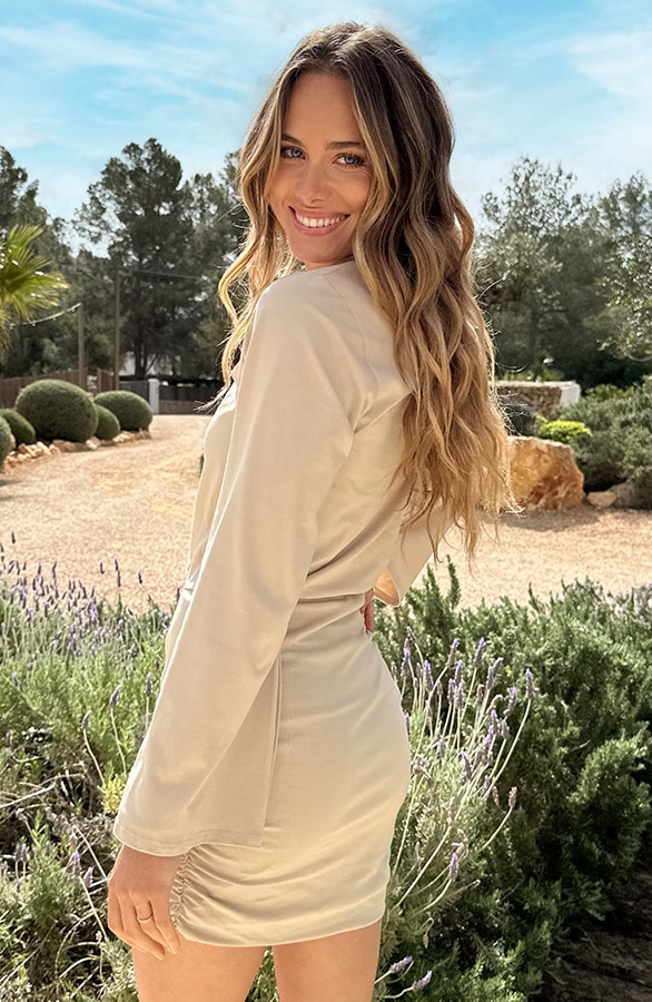Draped Wrap Jurk Wijde Mouw Katoen Beige – jurken, foto 4