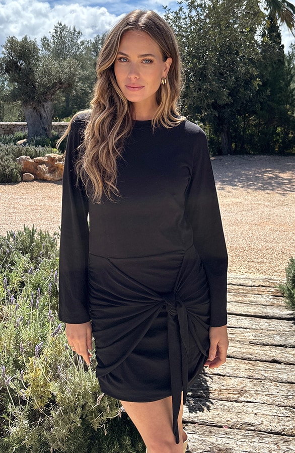 Draped Wrap Jurk Wijde Mouw Katoen Zwart – jurken, foto 7