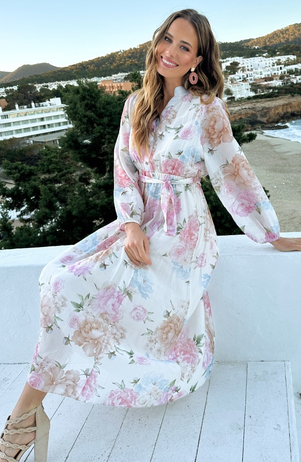Elegante Jurk Bloemenprint Beige – jurken