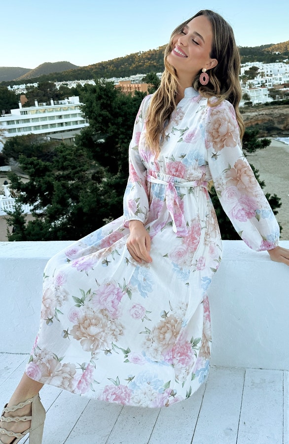 Elegante Jurk Bloemenprint Beige – jurken, foto 7
