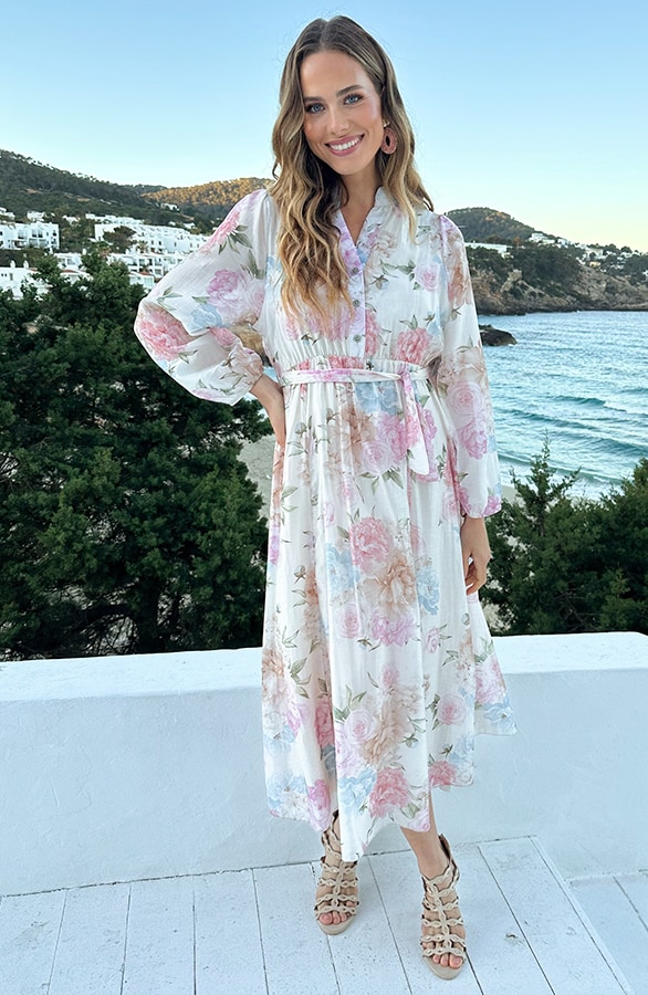 Elegante Jurk Bloemenprint Beige – jurken, foto 8