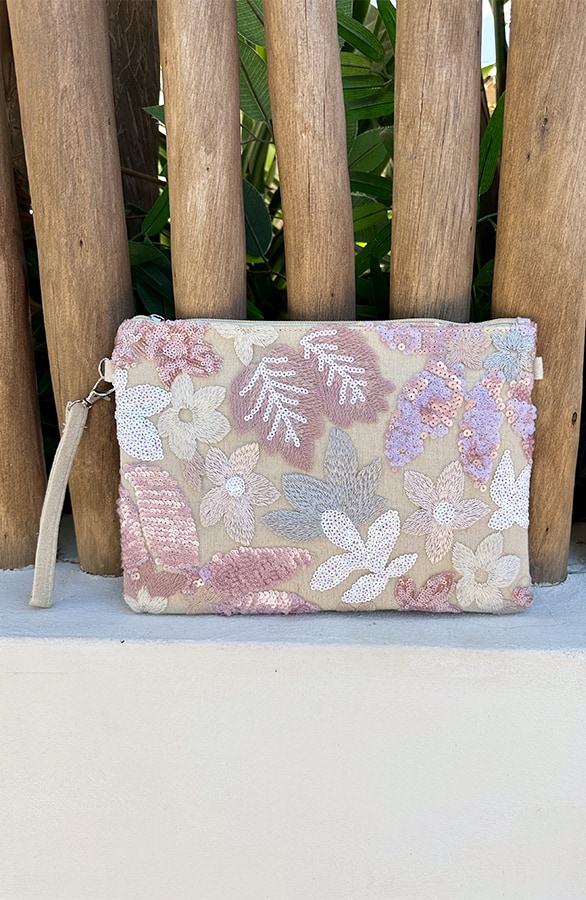 Geborduurde Clutch met Bloemen Roze Beige – nieuw