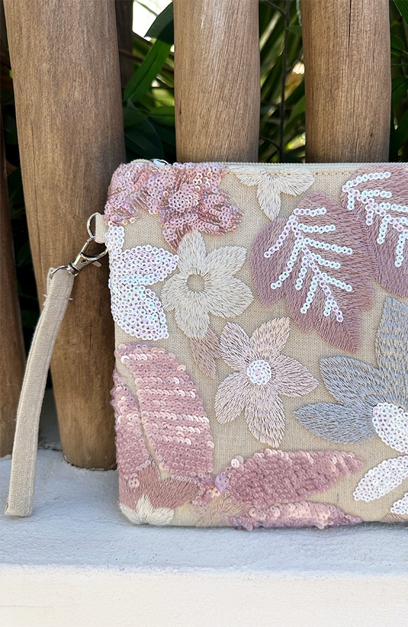 Geborduurde Clutch met Bloemen Roze Beige – nieuw, foto 3