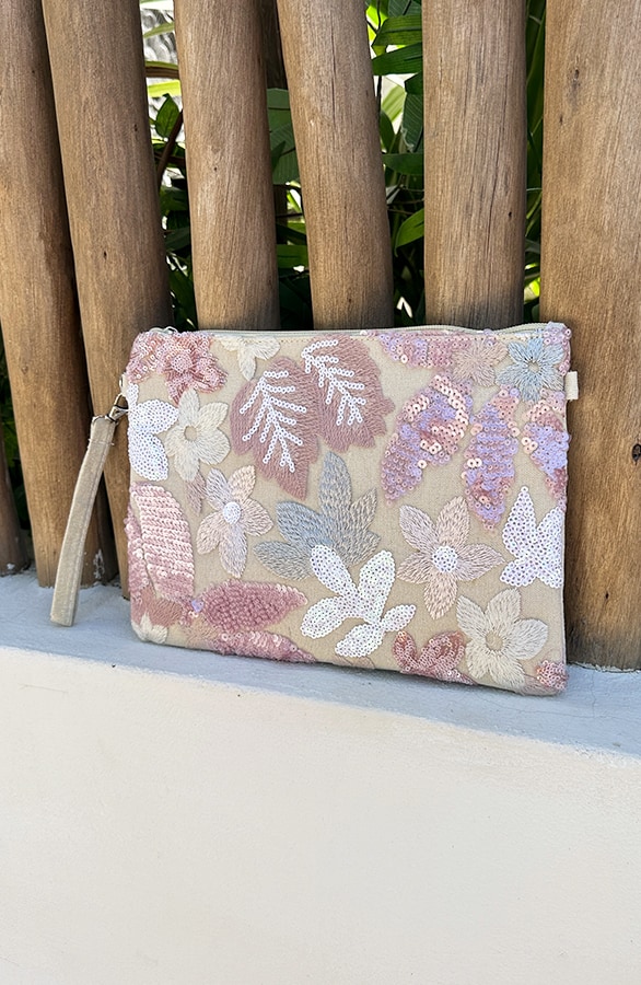 Geborduurde Clutch met Bloemen Roze Beige – nieuw, foto 2
