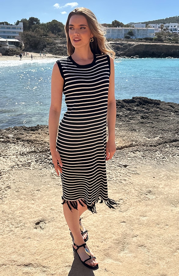 Gestreiftes Midi Kleid mit Fransen Schwarz, Kleider