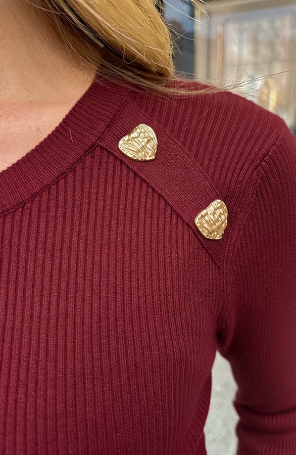 Knitted Trui Hartjes Knopen Bordeaux – tops, foto 5