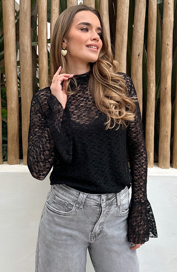 Long Sleeve Lace Top Zwart – tops, foto 7