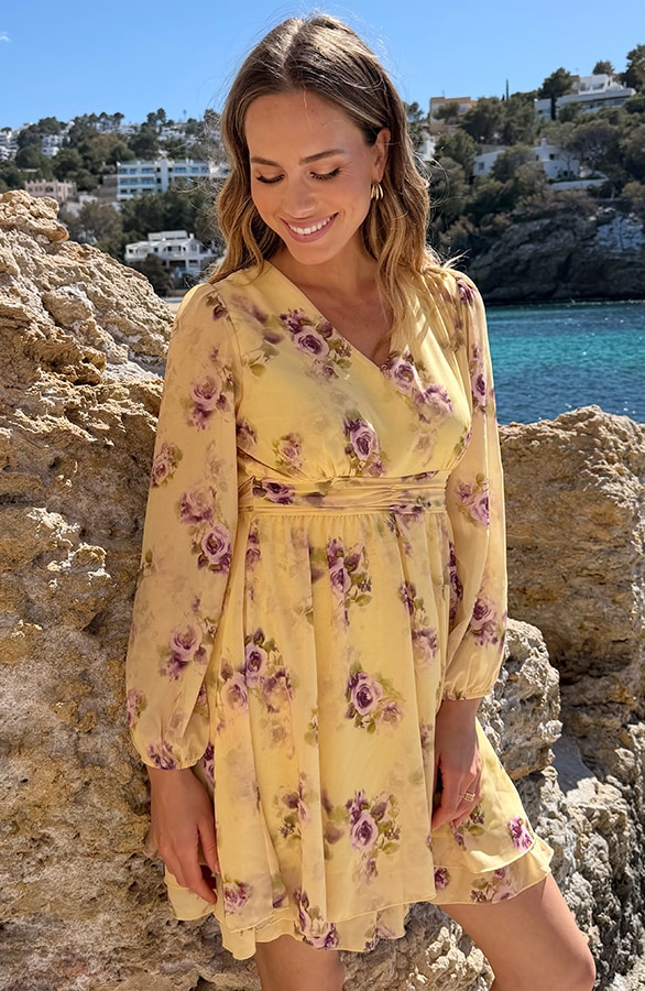 Long Sleeve V-neck Dress Flower Yellow – jurken