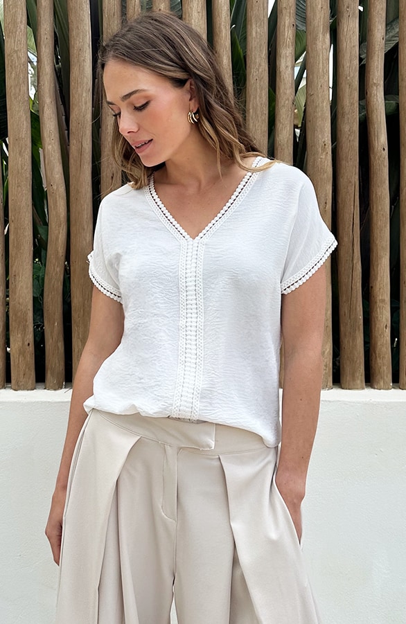 Lulu Lace V-Hals Top Ecru – tops, foto 2
