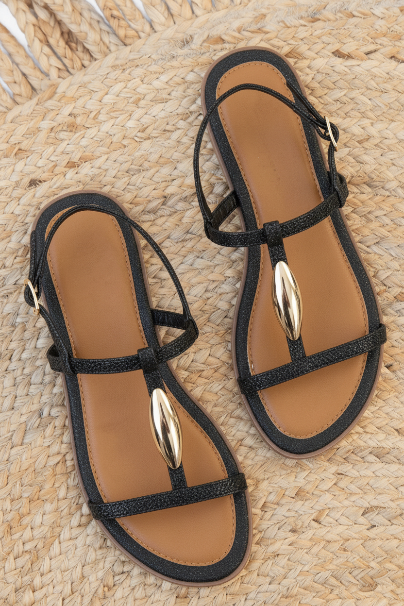 Luxury Flat T-Strap Sandals Zwart – alle schoenen